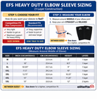 EliteFits EFS Heavy Duty Elbow Sleeve Sizing Chart with measurement guide and size chart.