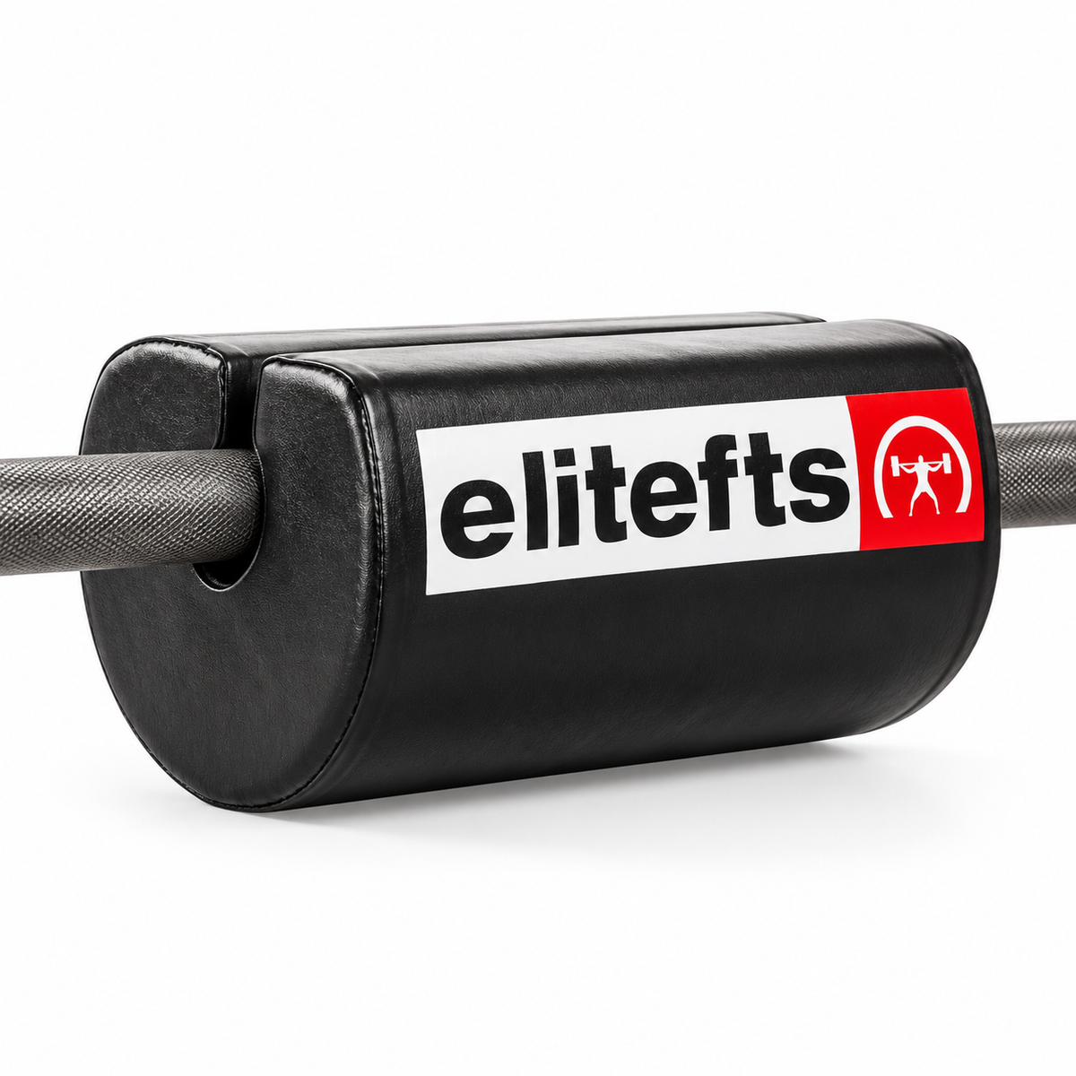 elitefts black Shoulder Saver Pad mounted on a barbell, shown on white
