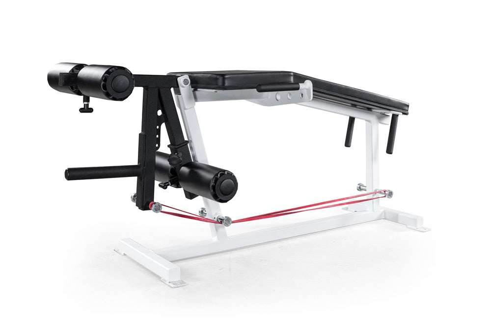 Black and white adjustable weight bench on a white background