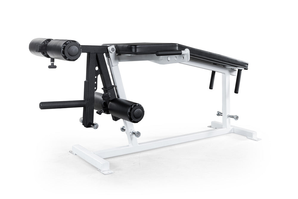 Black and white adjustable weight bench on a white background