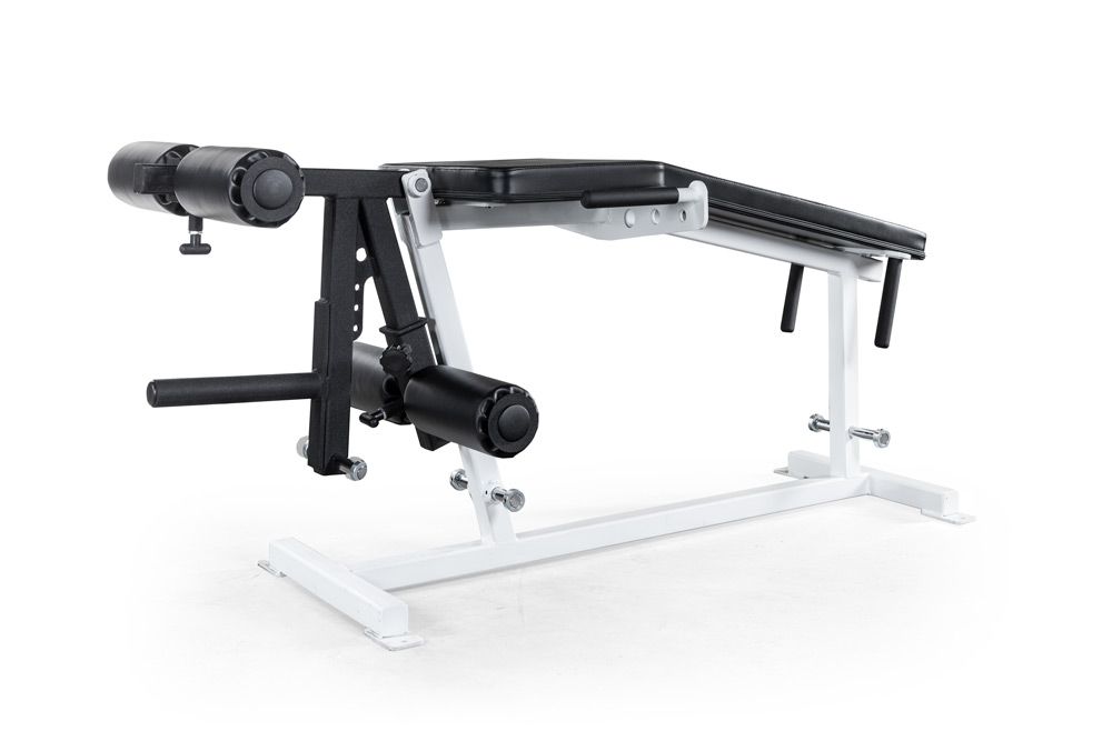 Black and white adjustable weight bench on a white background