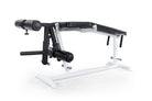 Black and white adjustable weight bench on a white background