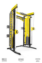 Yellow and black weightlifting machine with 'PR' branding on a white background