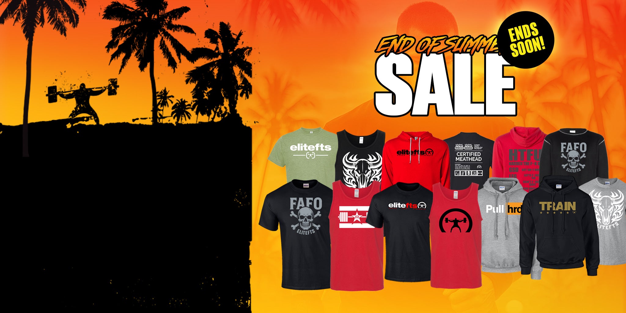 A promotional sale graphic with silhouetted palm trees and a weightlifter on the left, a bright orange-to-yellow gradient background, and a row of assorted apparel shirts and hoodies displayed on the right under the text 'END OBSTACLE SALE' and 'ENDS SOON!'.