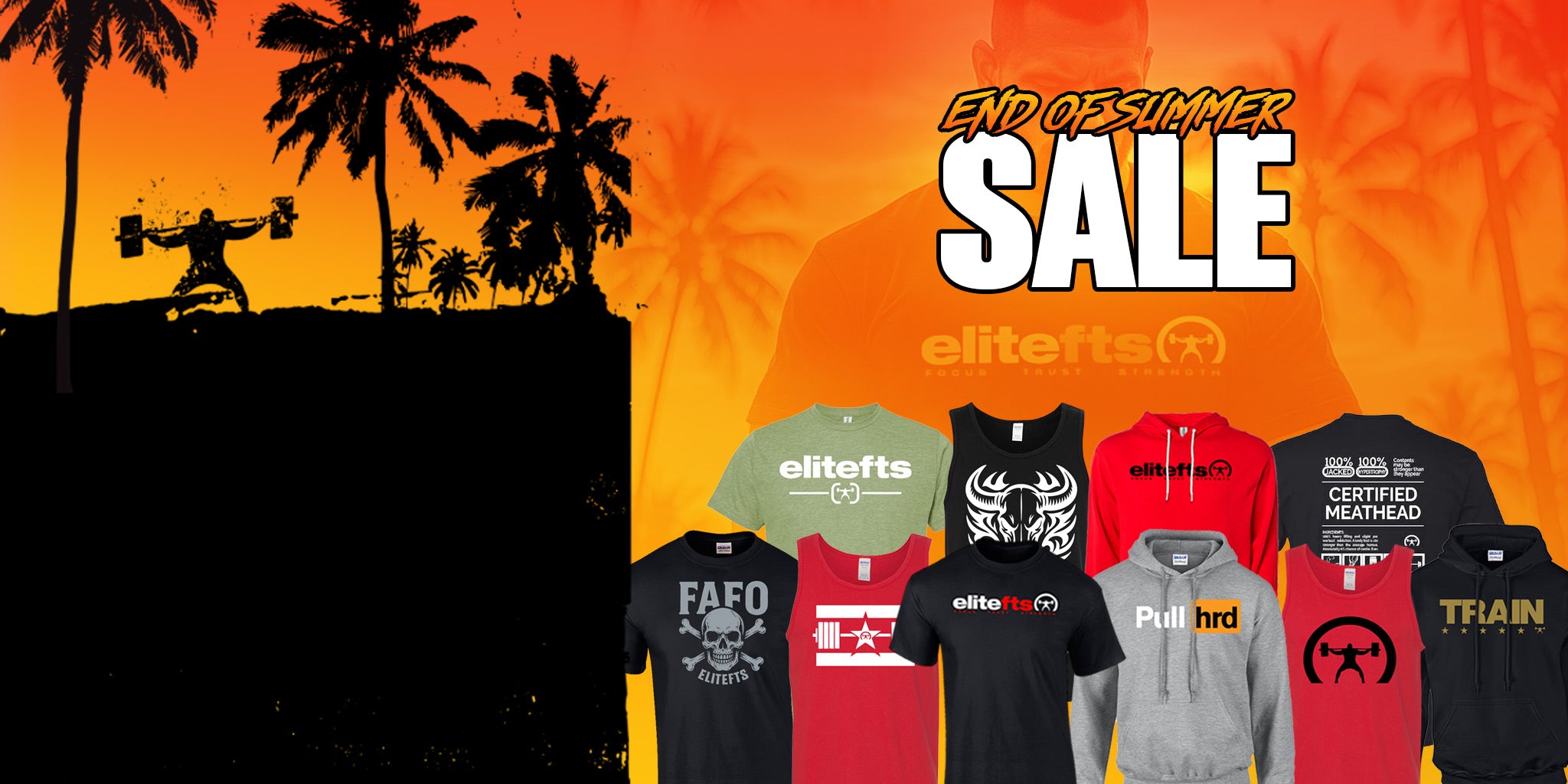 A promotional sale banner for Elitefts apparel, featuring silhouettes of palm trees and a weightlifter against an orange sunset background on the left, with large 'END OF SUMMER SALE' text on the right. Multiple apparel items are displayed at the bottom, including t-shirts, tank tops, hoodies, and sweatshirts in black, red, gray, and green, with various graphic designs and Elitefts branding.