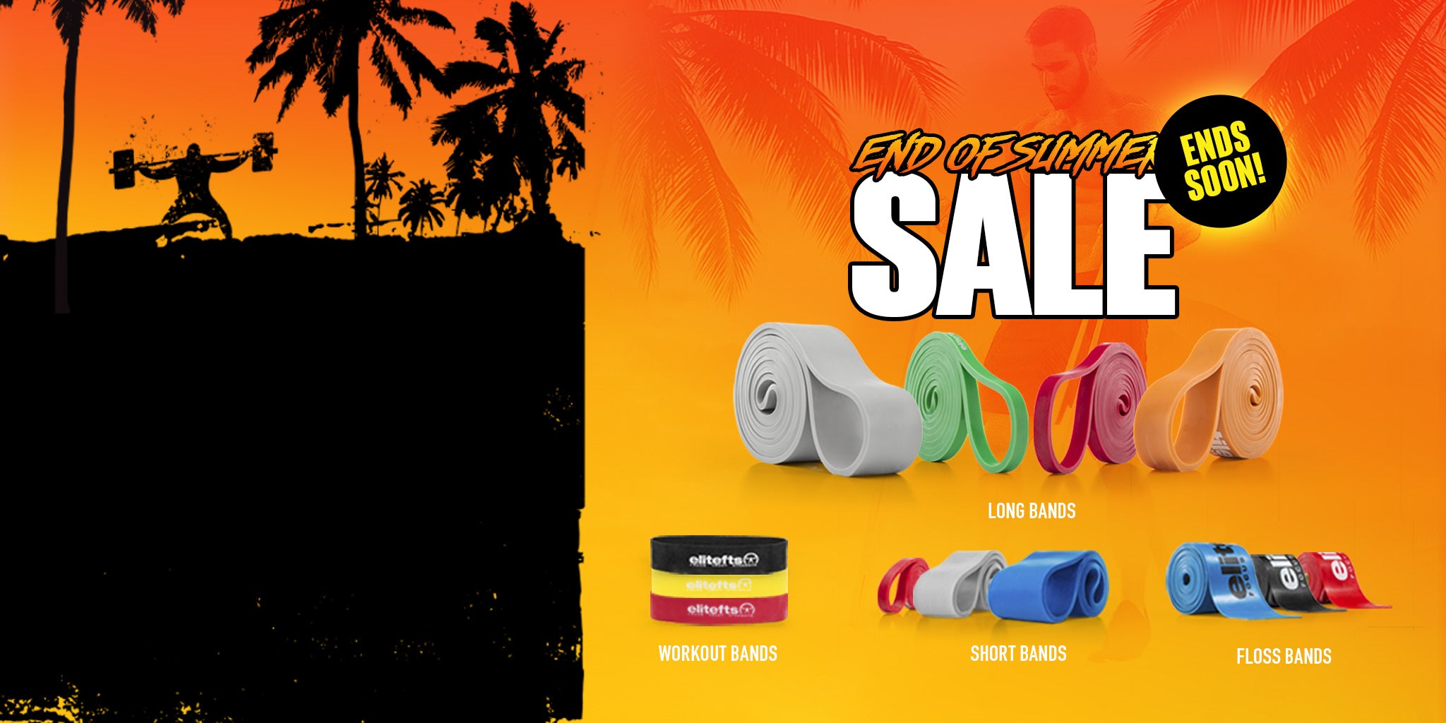 Promotional sale graphic for fitness bands, featuring a black silhouette of a surfer on a beach against an orange sunset on the left, and product photos of various colored workout bands on a bright orange background on the right. Large text reads 'END OF SUMMER SALE' and 'ENDS SOON!'.