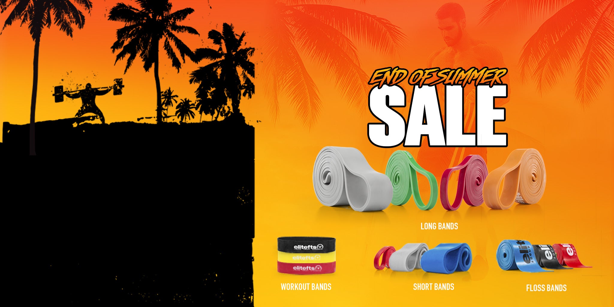Promotional banner for an end-of-summer sale featuring multiple colorful workout bands (white, green, pink, beige, black, red, blue, and red) displayed against a bright orange and yellow background with palm tree silhouettes and a weightlifter silhouette.