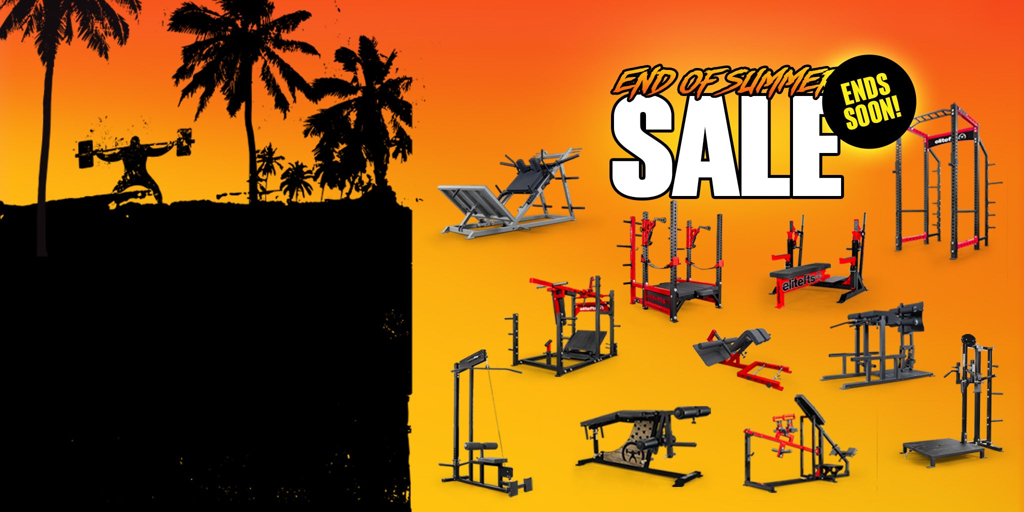 A promotional sale graphic showing multiple gym equipment pieces on an orange-to-yellow gradient background, with palm tree silhouettes and a black cliff silhouette on the left. Large text reads 'END OF SUMMER SALE' and a black badge says 'ENDS SOON!'.