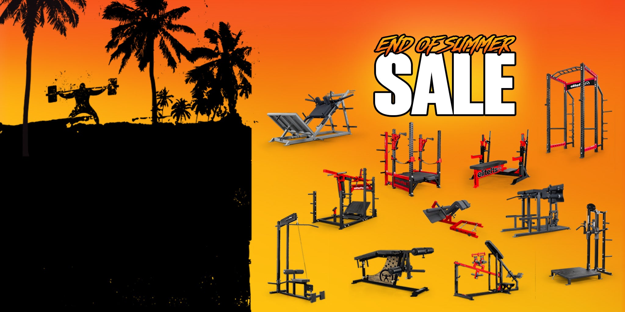 A promotional sale graphic showing multiple gym equipment pieces on a bright orange-to-yellow gradient background, with large text reading 'END OF SUMMER SALE' and a black silhouette scene with palm trees on the left.
