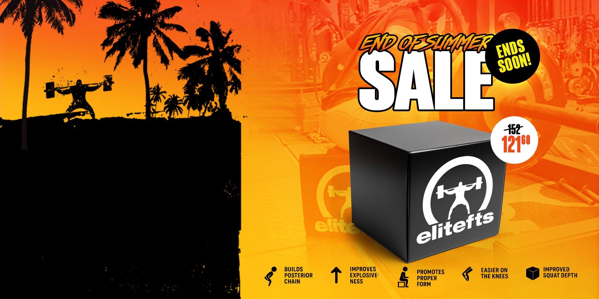 Promotional sale graphic for the Elitefts squat bench. The image features a black square box with the white Elitefts logo on the right, set against a split background of solid black silhouettes on the left and a warm orange/yellow gym scene on the right.
