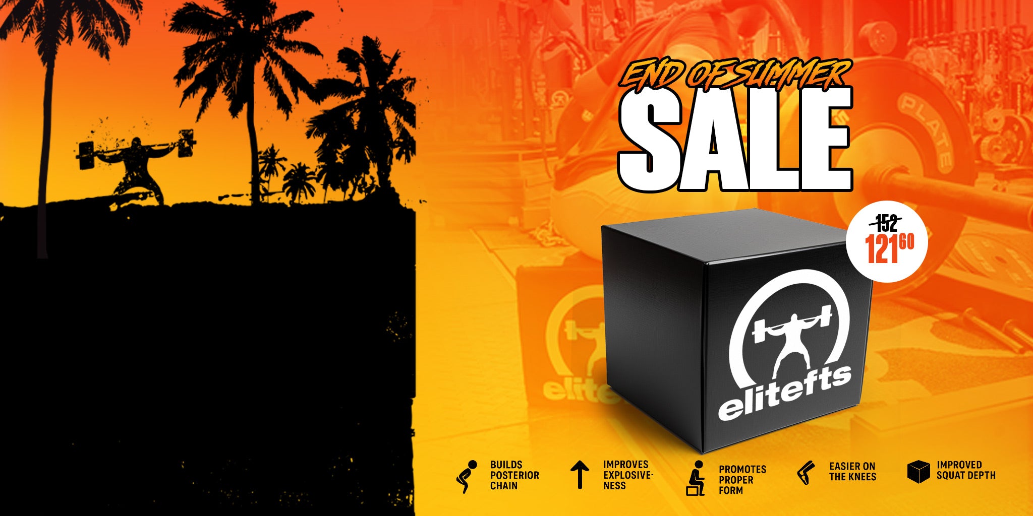 Promotional sale graphic for Elitefts fitness equipment, featuring a black cube-shaped product with the white Elitefts logo, large 'END OF SUMMER SALE' text, a '12% OFF' badge, and silhouetted palm trees and weightlifting figures against an orange-to-yellow gradient background.