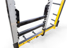 Squat rack with yellow and black design on a white background