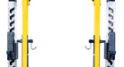 Yellow and black squat rack on a white background