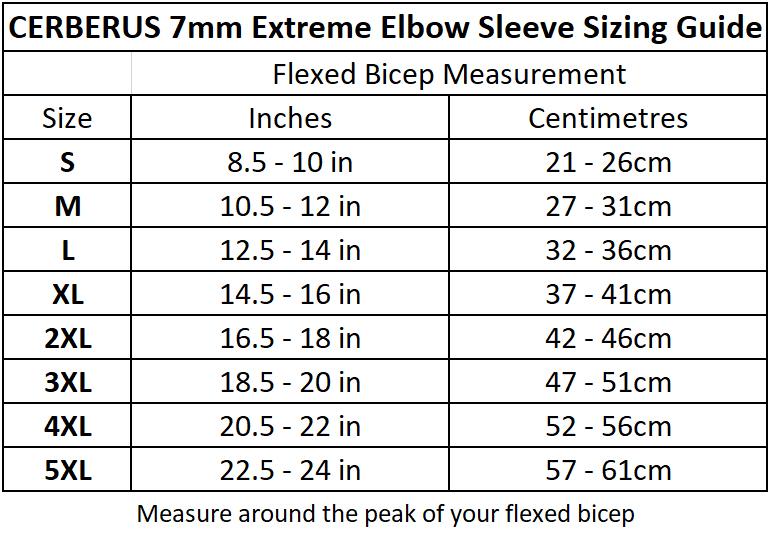 picture of CERBERUS 7MM EXTREME ELBOW SLEEVE SIZING CHART