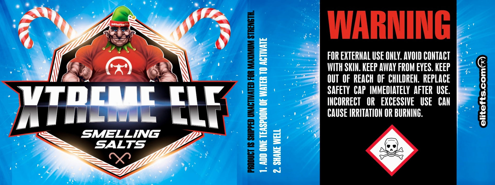 Product packaging for 'Xtreme Elf Smelling Salts' with warning label on a blue background