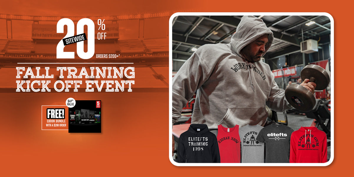 Promotional banner for a '20% OFF Fall Training Kick Off Event' by EliteWise, featuring a man in a gym wearing a gray hoodie and lifting a dumbbell, alongside several apparel products including t-shirts and a sweatshirt.