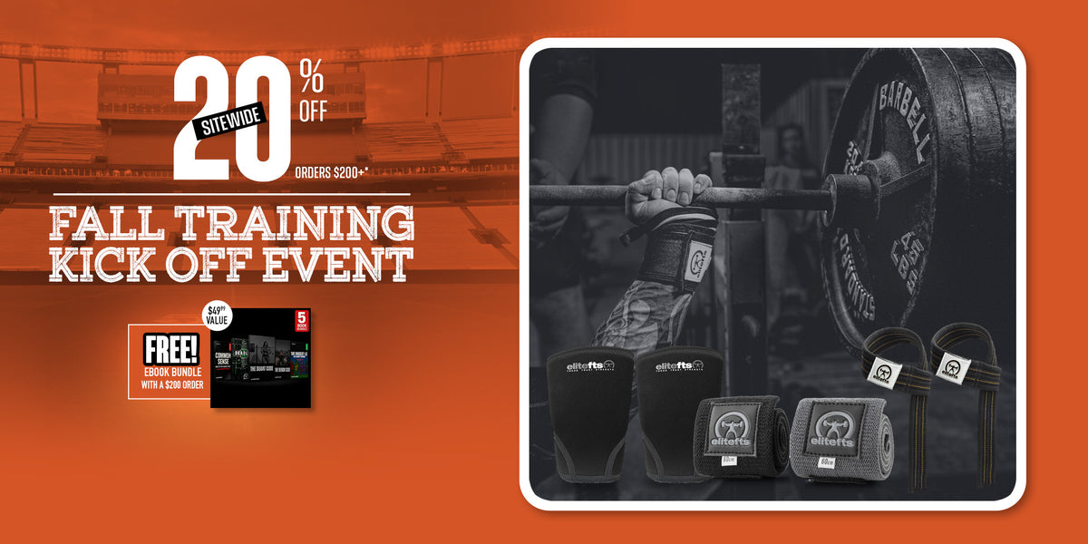 Promotional banner for a '20% OFF Fall Training Kick Off Event' by Siteweave, featuring a black and white inset photo of a weightlifter gripping a barbell alongside several Siteweave knee sleeves and wrist wraps on an orange background.