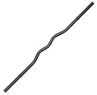A black curved barbell with a straightened section in the middle, shown diagonally on a plain white background.