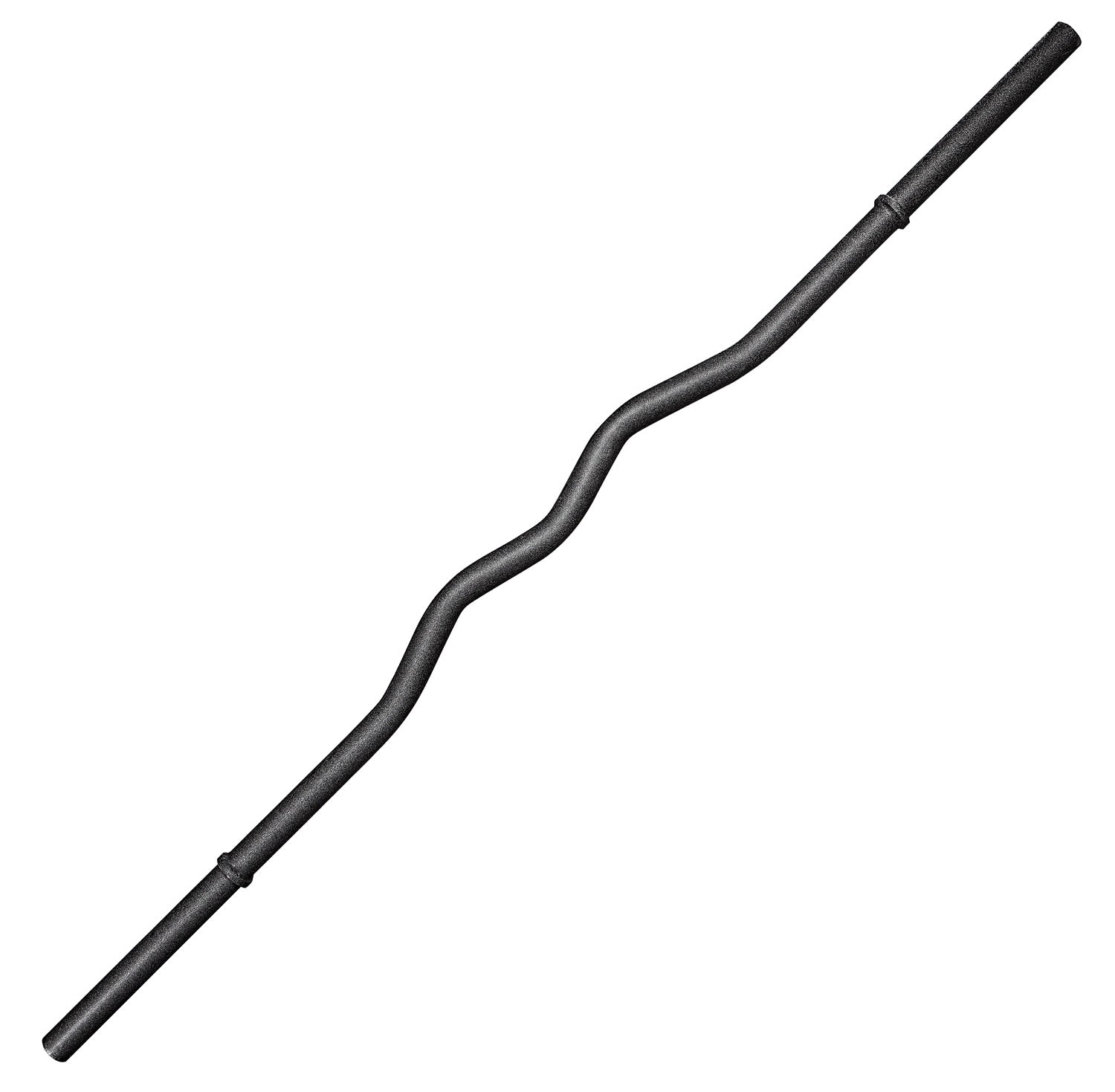 A black curved barbell with a straightened section in the middle, shown diagonally on a plain white background.
