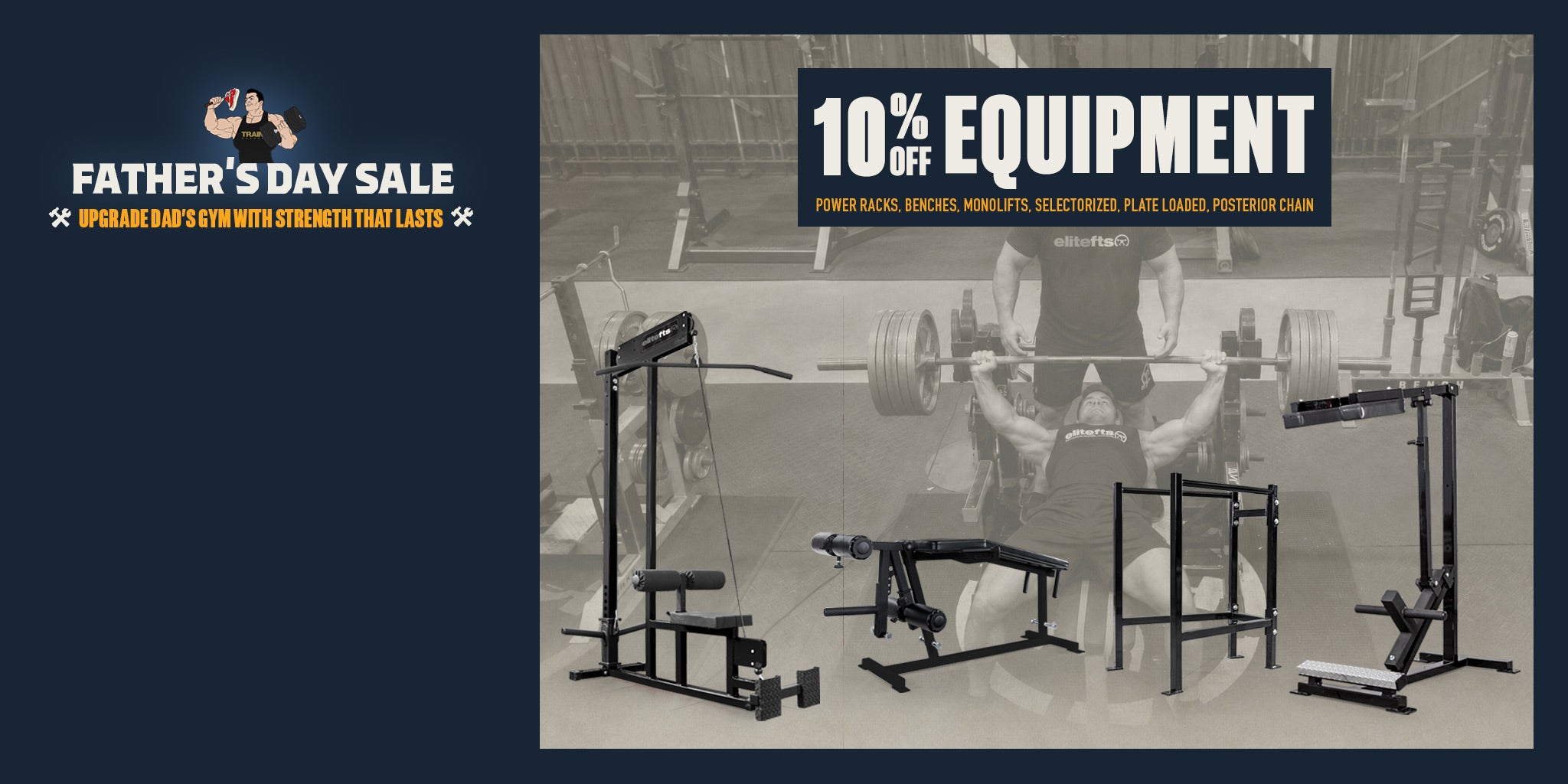 Gym equipment with Father's Day sale banner on a dark blue background