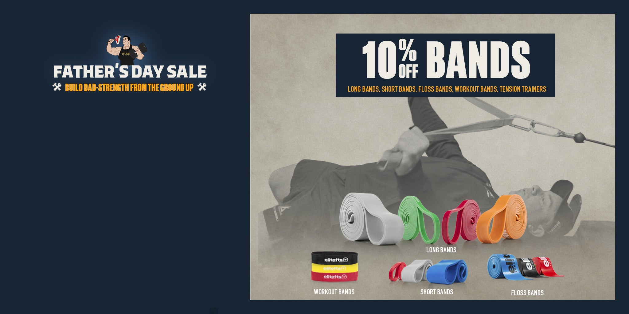 Advertisement for Father's Day sale with fitness bands and promotional text on a dark background.
