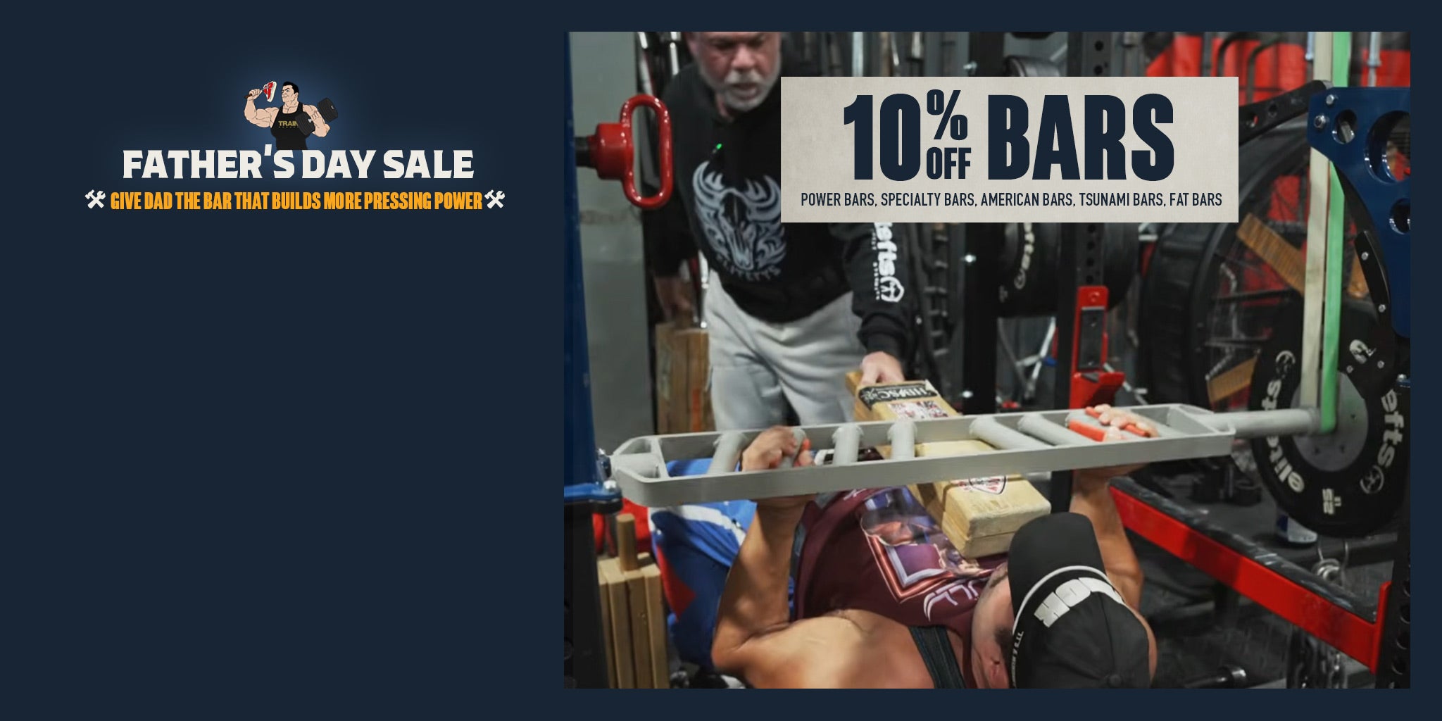 Advertisement for a Father's Day sale with weightlifting equipment and text overlay.