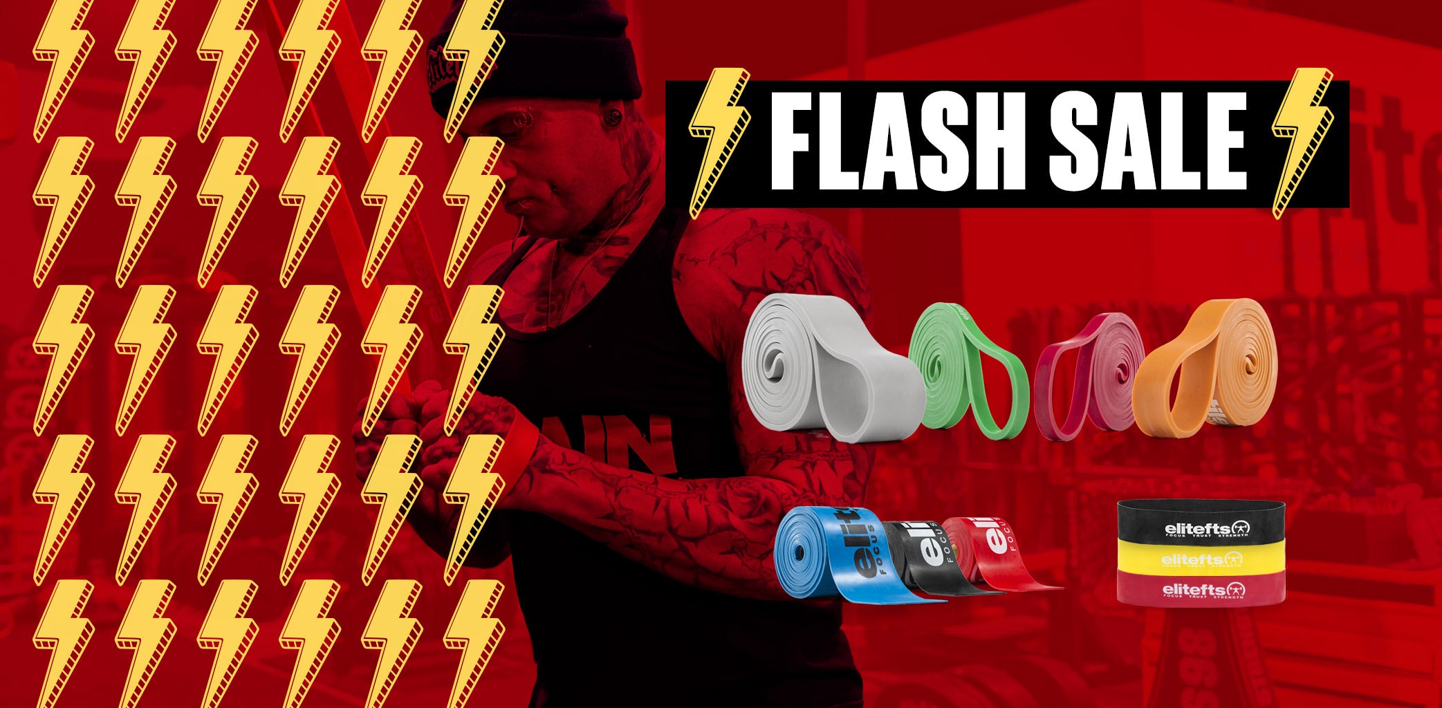 Red background with yellow lightning bolts, colorful resistance bands, and a 'Flash Sale' banner.