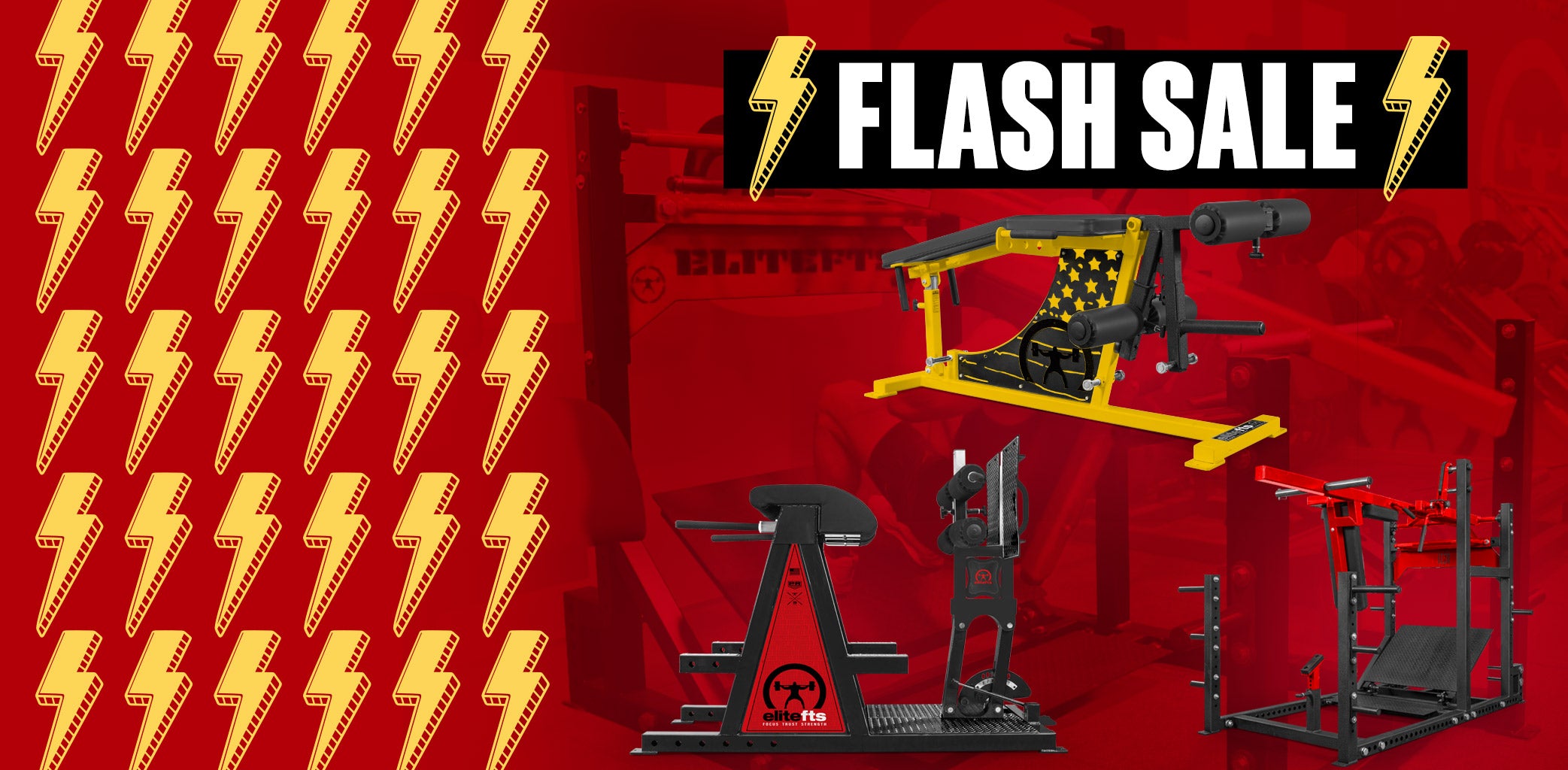 Gym equipment on a red background with 'Flash Sale' text and lightning bolt graphics.