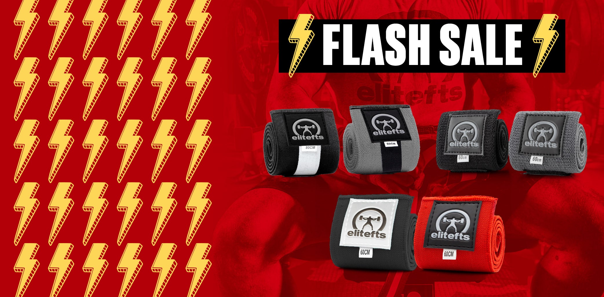 Flash sale banner with boxing hand wraps on a red background with lightning bolt patterns