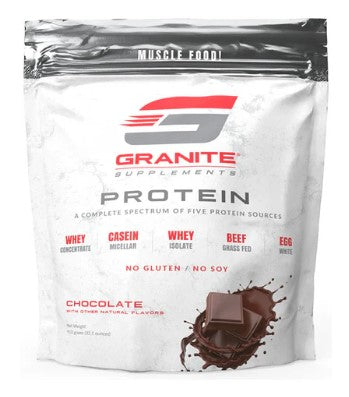 Granite Supplements protein powder package with chocolate flavor indication
