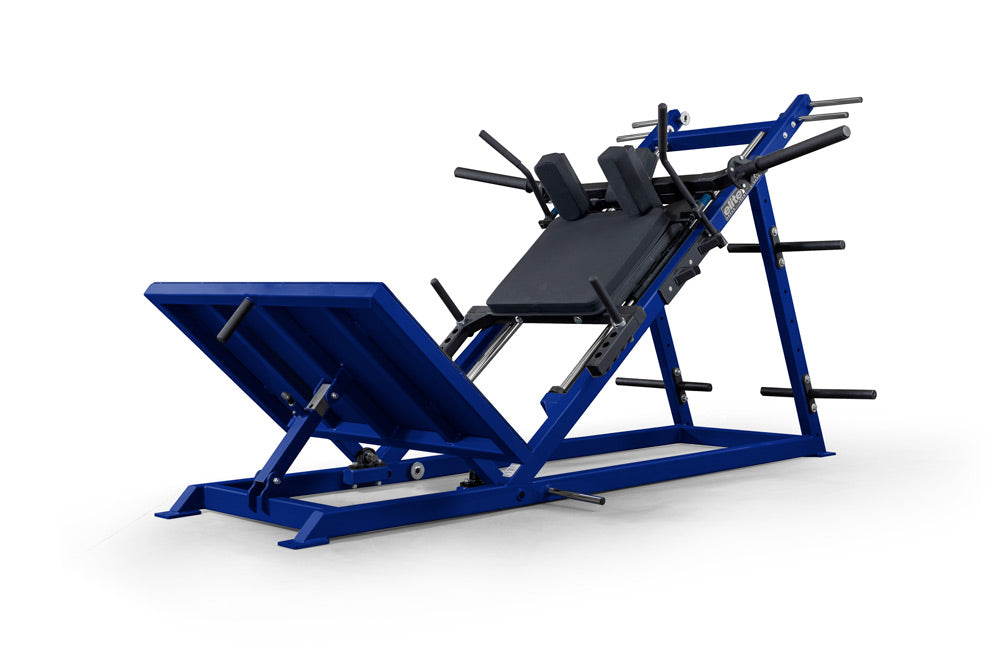 Blue leg press machine on a white background