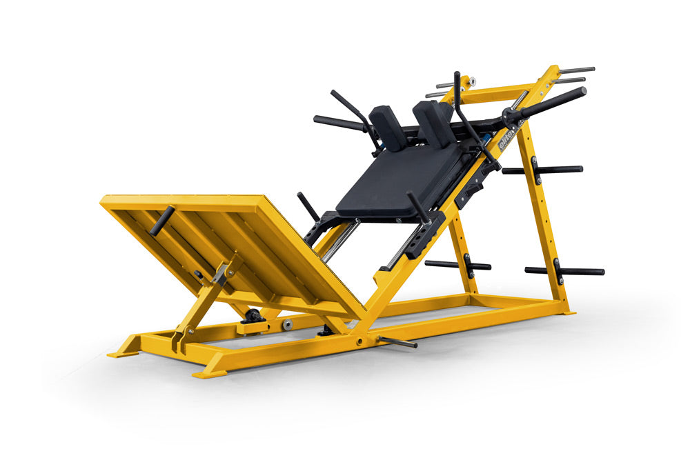 Yellow and black gym machine on a white background