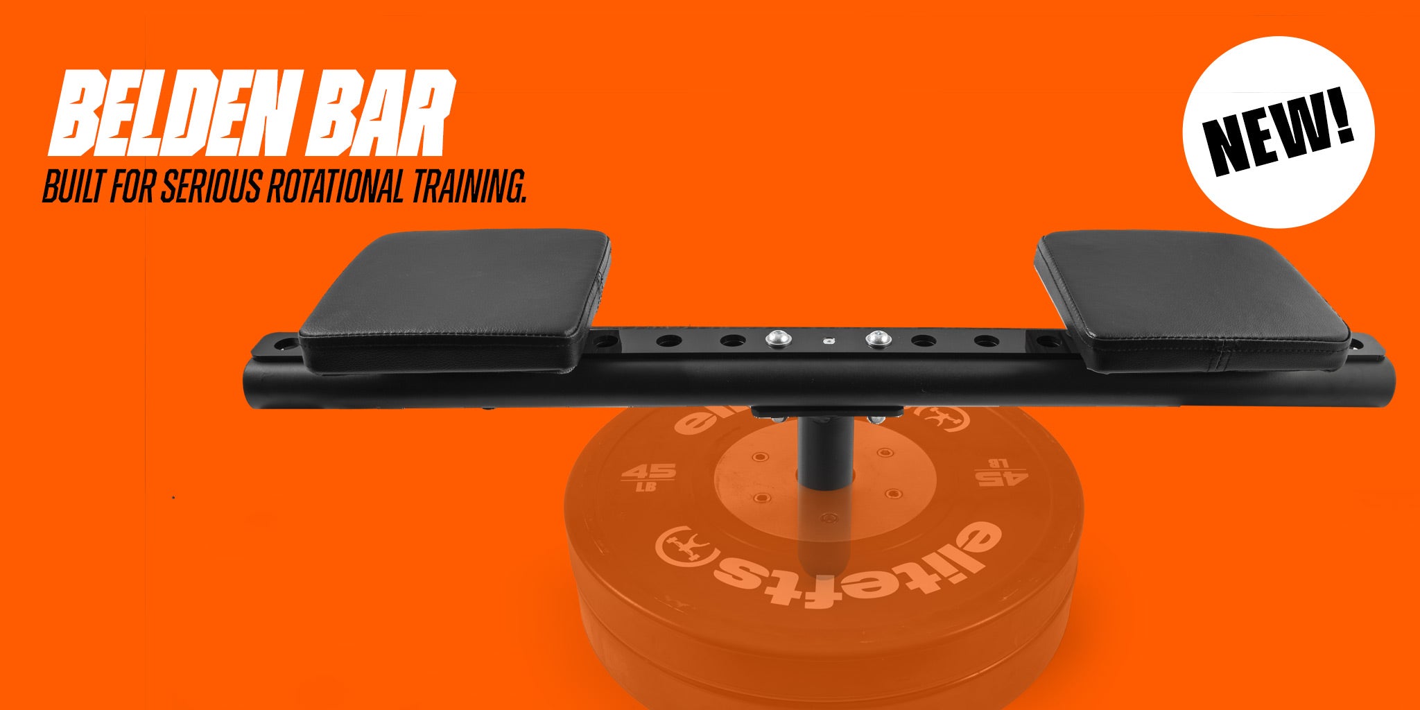 Belden Bar with weights on an orange background, featuring the brand name and product description.