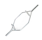 A silver steel hex barbell grip with straight ends, shown on a plain white background.