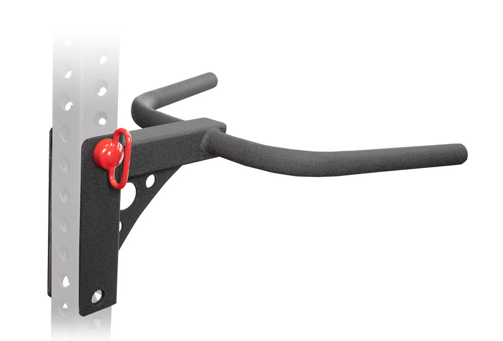 Wall-mounted metal bracket with a red clip on a white background