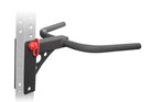 Wall-mounted metal bracket with a red clip on a white background