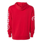 the back of the red sweat shirt with the brand decals