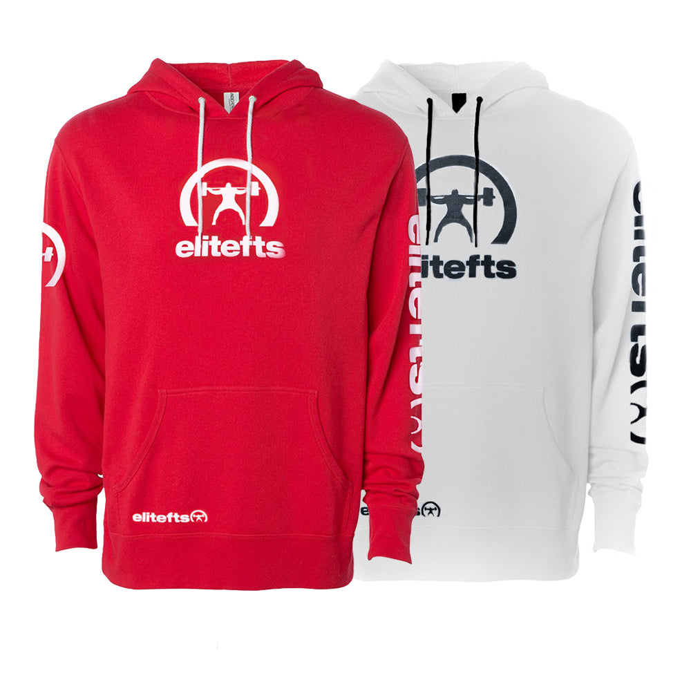 two sweat shirts with the brand decals