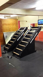 Two black and wooden models on display stands in a room with a TV in the background.