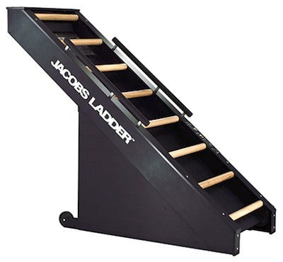 Black Jacobs Ladder with wooden rungs on a white background