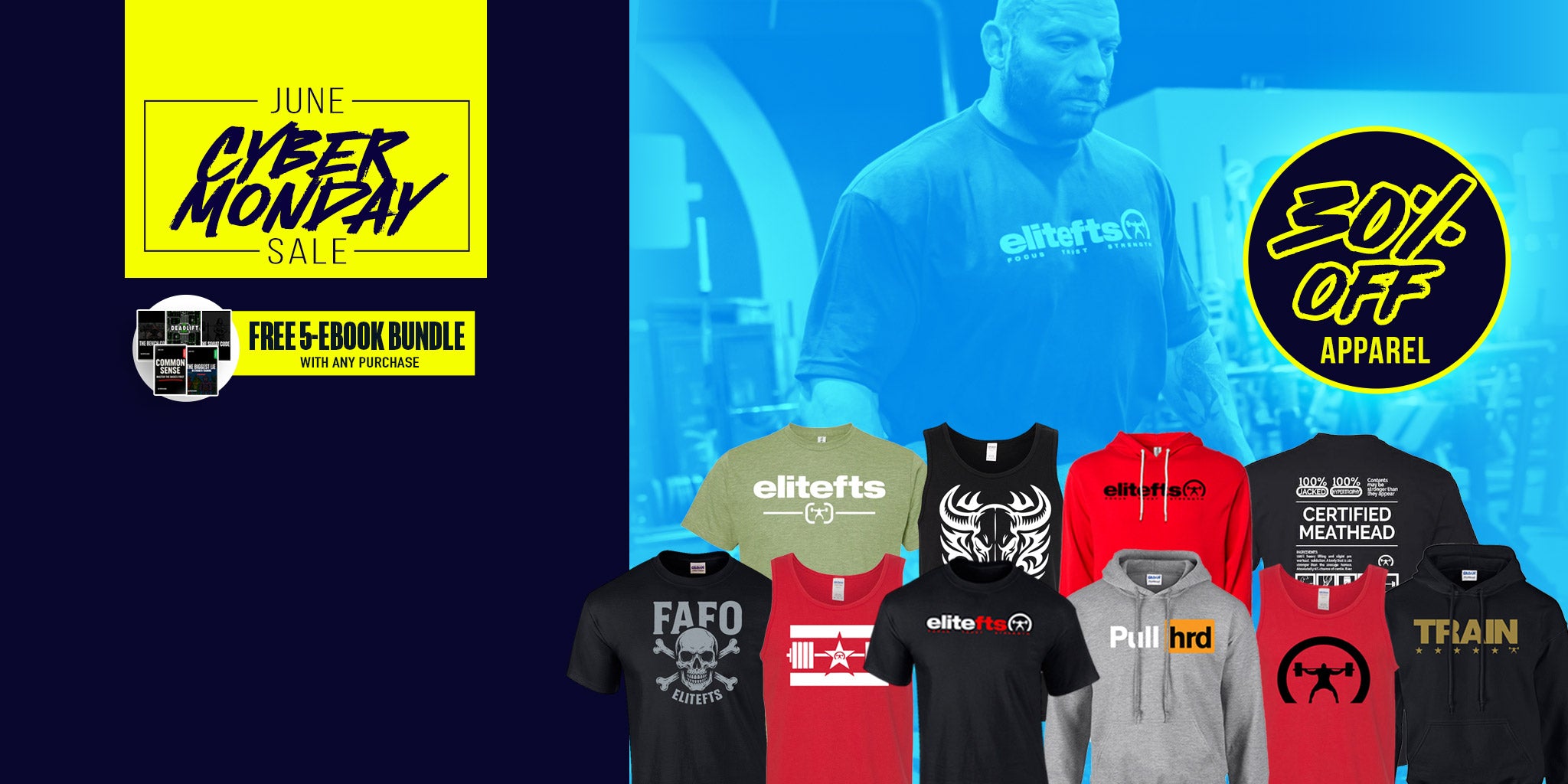 Collection of branded apparel with 'Elite Off Apparel' logo and promotional text on a blue background.