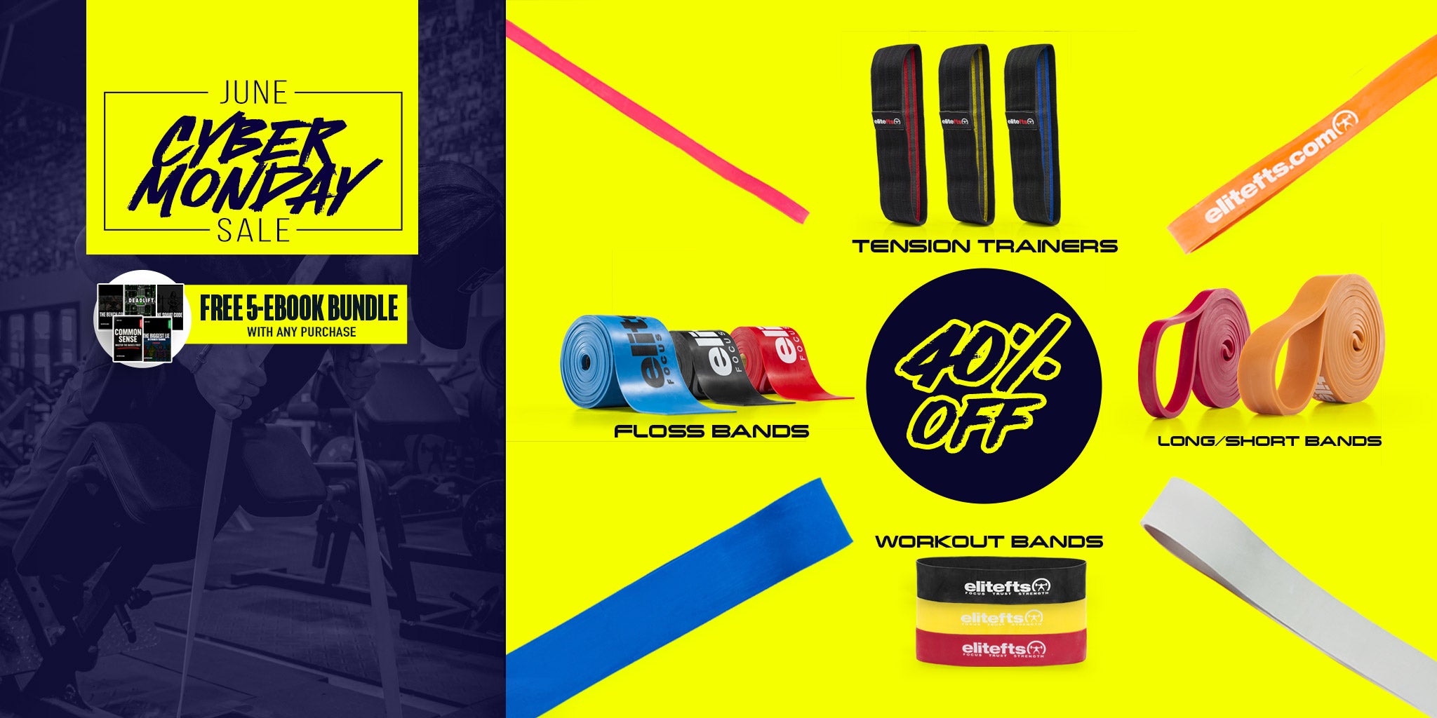 Promotional graphic for a cyber Monday sale featuring fitness bands and tension trainers on a yellow and blue background.