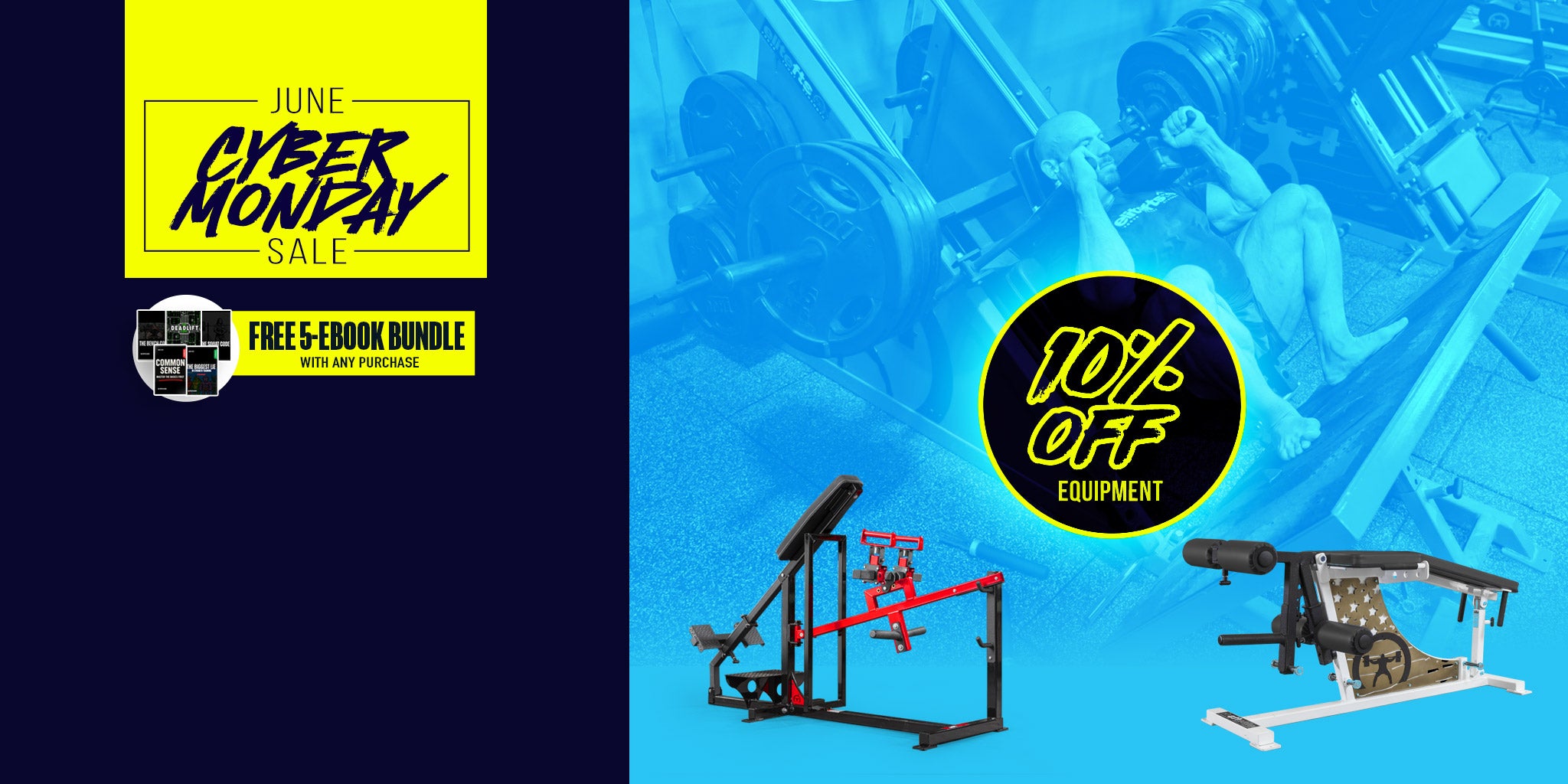 Advertisement for a gym sale with equipment and promotional text on a blue background.