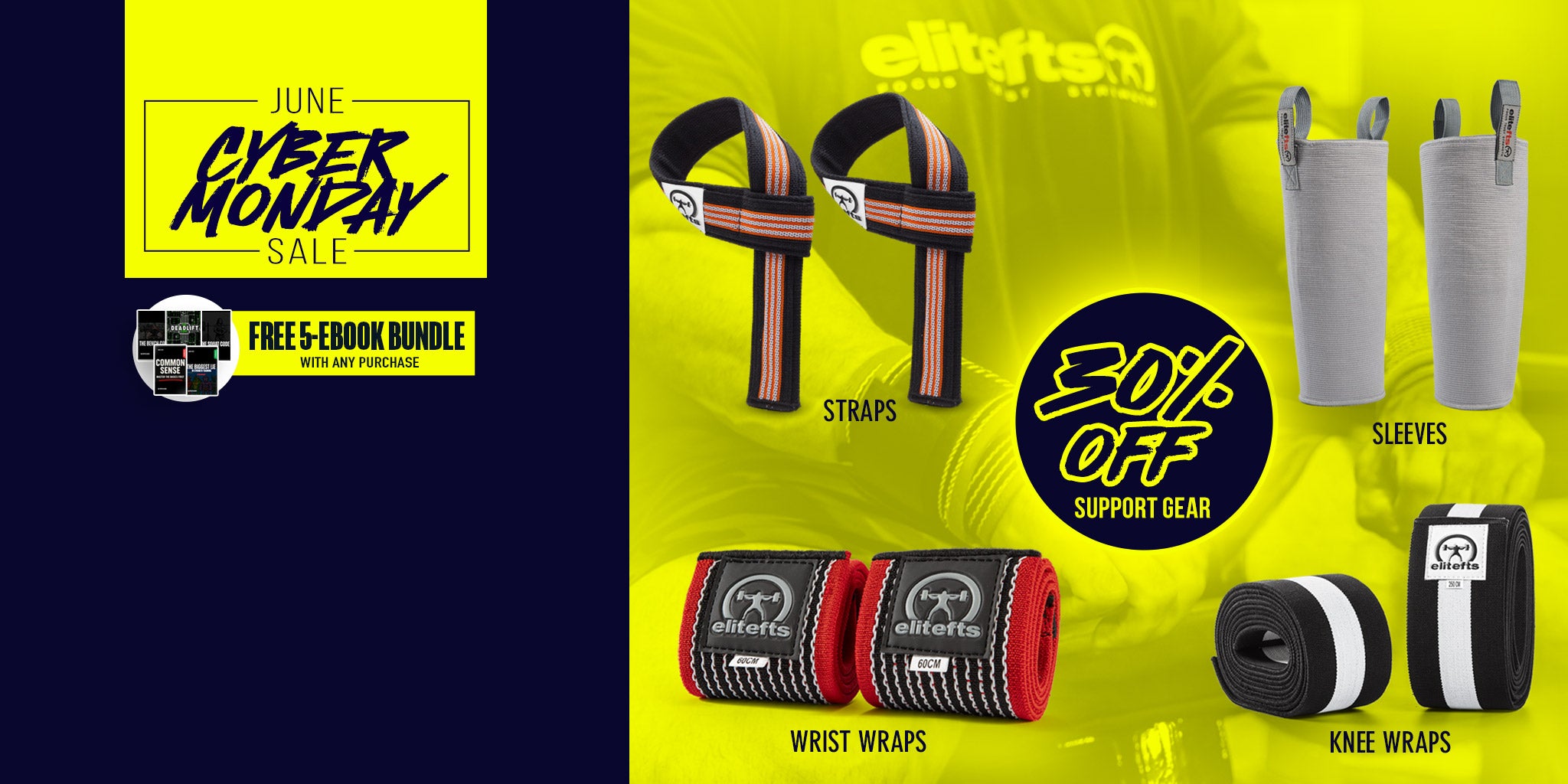 Eliitfit support gear with straps, sleeves, wrist wraps, and knee wraps on a yellow and blue background.
