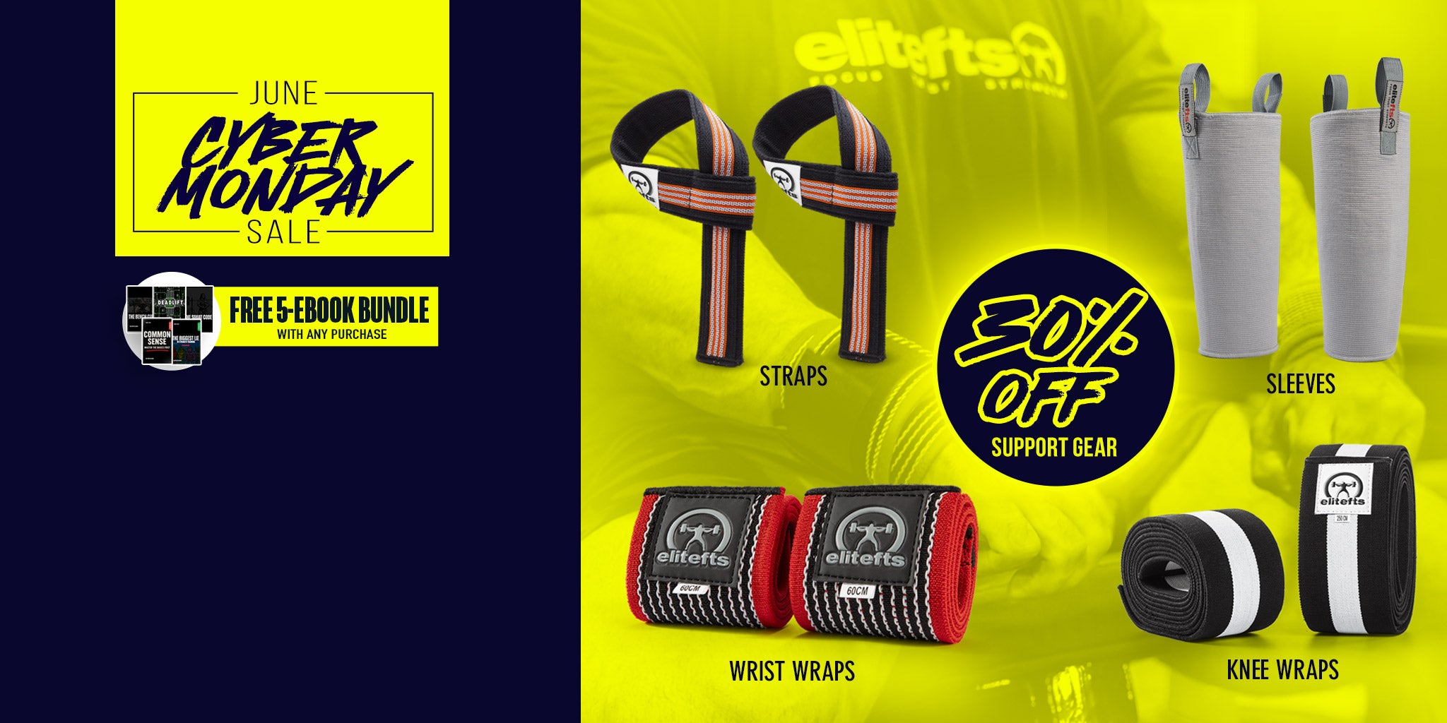 Promotional graphic for a cyber Monday sale featuring sports equipment with discounts on straps, sleeves, wrist wraps, and knee wraps.