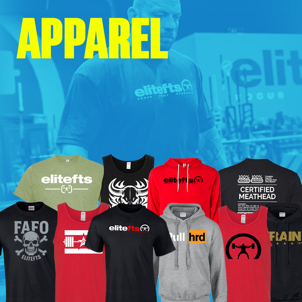 Collection of fitness-themed apparel with visible branding on a blue background.