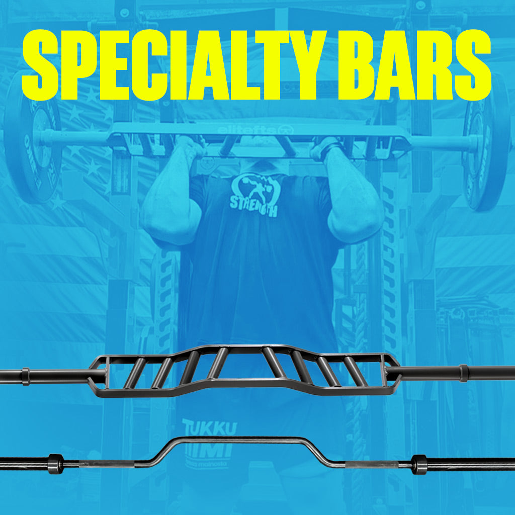 Person lifting weights with a barbell and 'Specialty Bars' text on a blue background