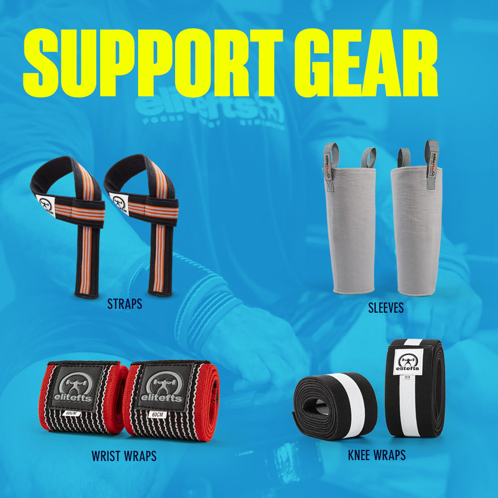 Support gear including straps, sleeves, wrist wraps, and knee wraps on a blue background with 'Support Gear' text.