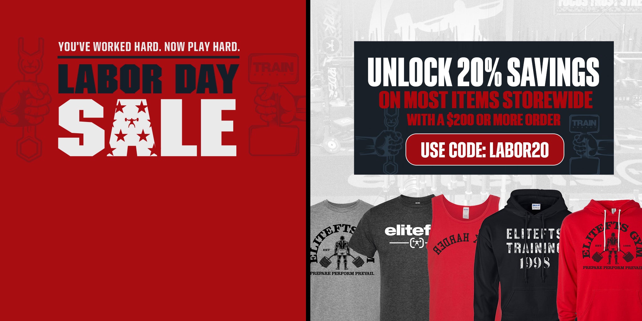 Labor Day Sale promotional banner with a red left panel reading 'LABOR DAY SALE' and a right panel offering 20% savings on most items with code LABOR20. Several graphic T-shirts and hoodies are shown at the bottom against a light gray background.