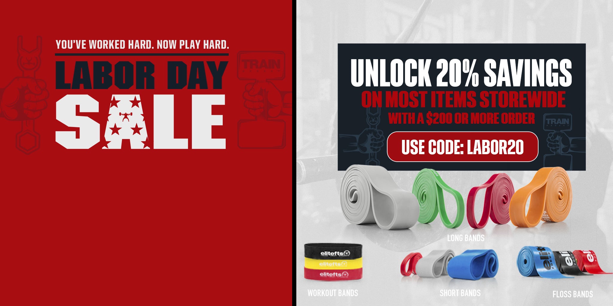 Promotional banner for a Labor Day sale, featuring a red left panel with the text 'LABOR DAY SALE' and a right panel showing various colored workout bands and a list of sale items with the code LABOR20.